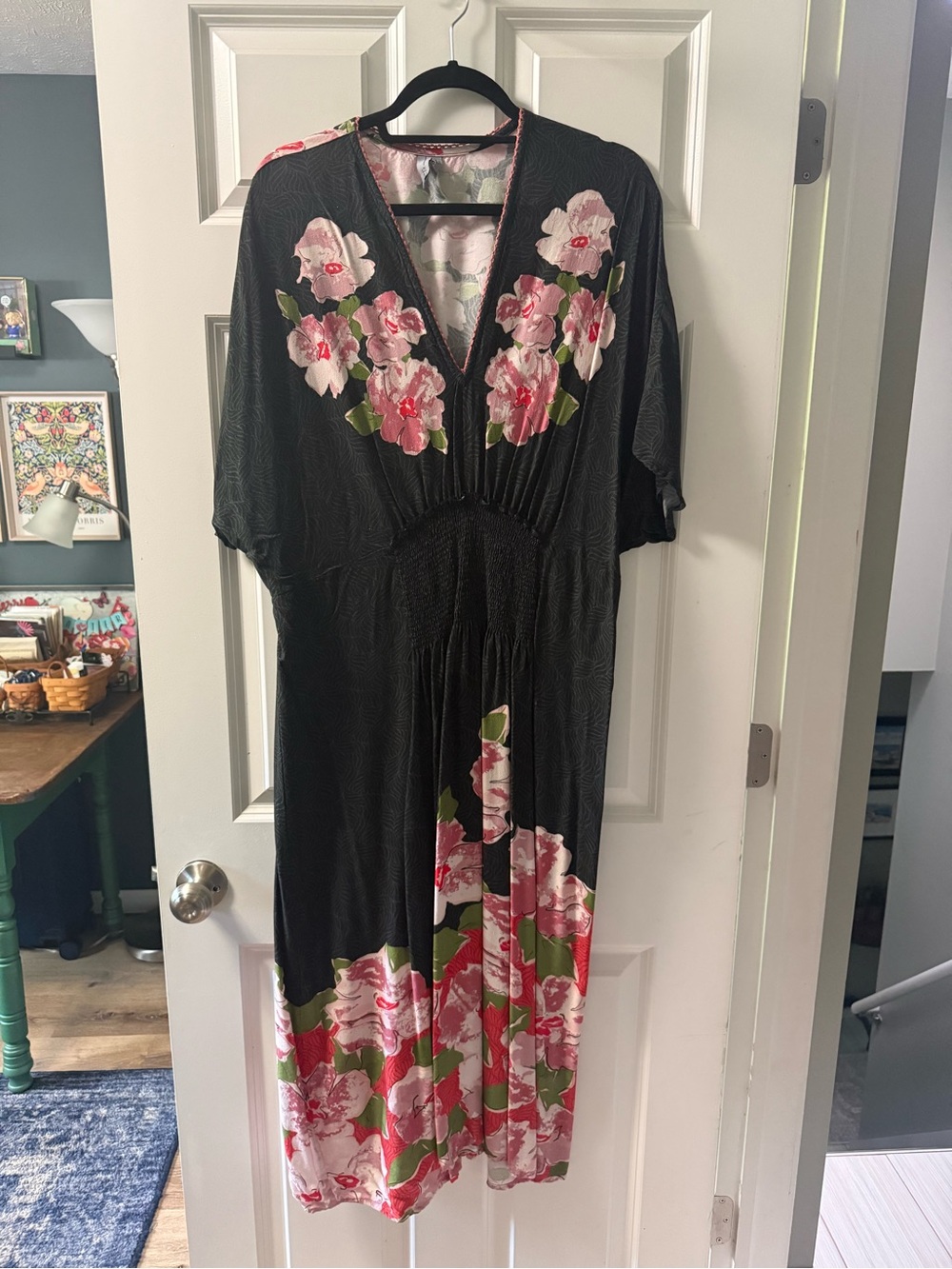 Anthropologie Black Maxi Dress with Pink & Green Floral Accents